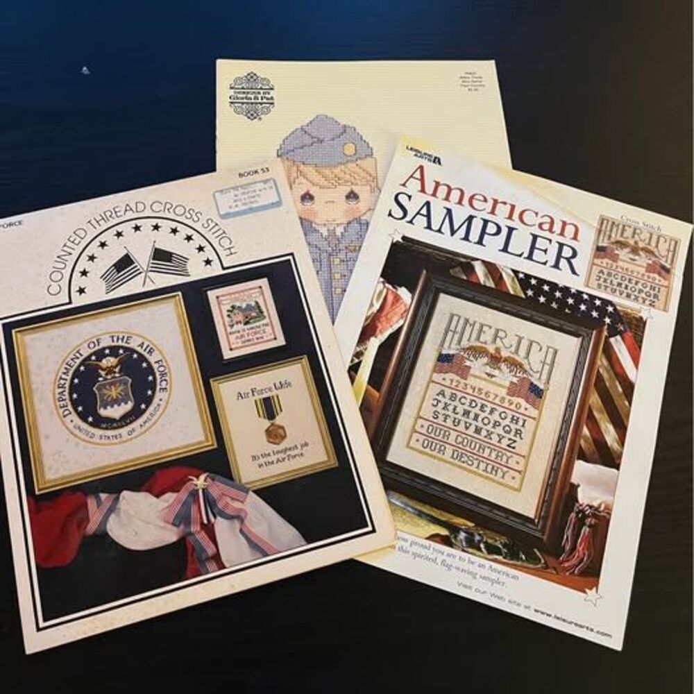 Counted Cross Stitch pattern pamphlets. USAF, America, Precious Moments Soldiers